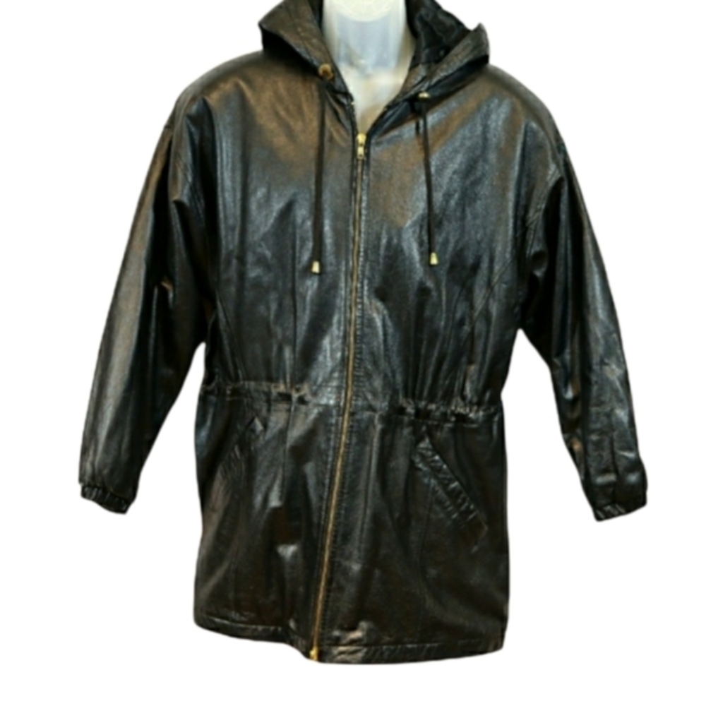 Wilson's Leather Black Long Line Cinch Waist Black Leather Trench Jacket SM